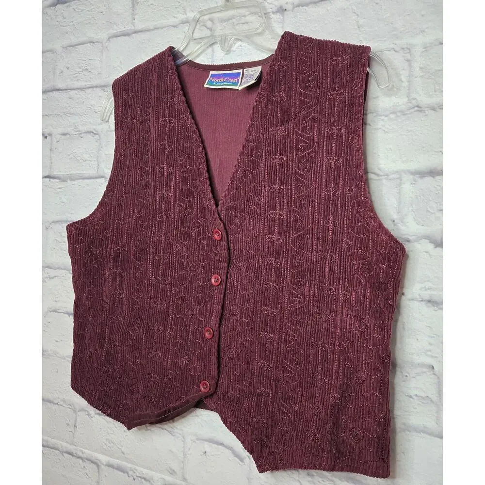 Vintage Northcrest corduroy cotton burgundy embroidered 90s Vest medium. - Picture 2 of 6